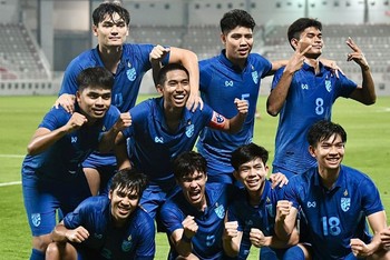 U23 Thái Lan ăn mừng sau chiến thắng trước U23 Qatar tại Doha Cup 2023.