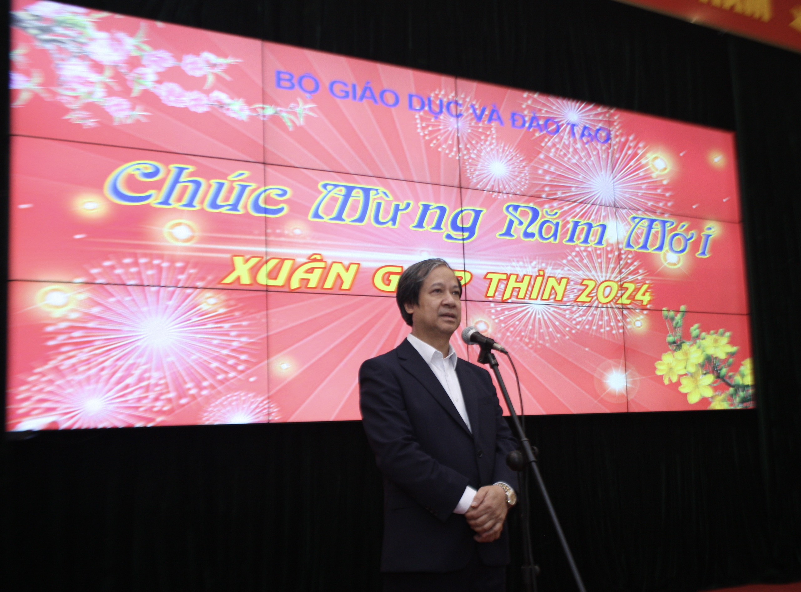 Bộ trưởng Bộ GD&ĐT Nguyễn Kim Sơn phát biểu tại buổi gặp mặt, chúc mừng nhân dịp đầu Xuân mới.