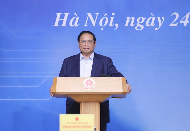 Thủ tướng Phạm Minh Chính phát biểu khai mạc Hội nghị phát triển nguồn nhân lực phục vụ công nghiệp bán dẫn - Ảnh: VGP/Nhật Bắc.