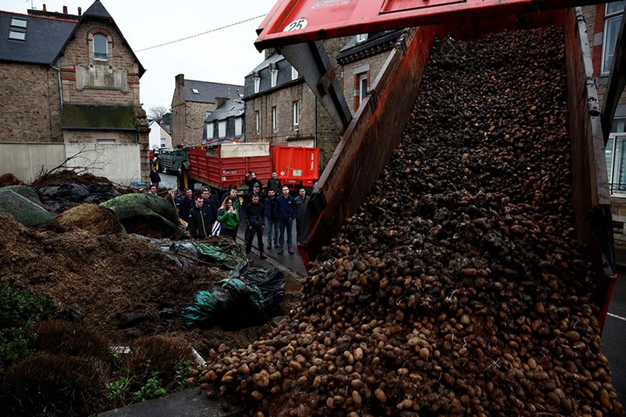 Chùm ảnh nông dân Pháp đổ khoai tây, đốt bánh xe chặn các con đường