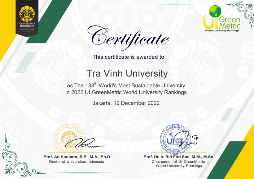 Trường Đại học Trà Vinh thăng hạng trong top đại học xanh phát triển bền vững.