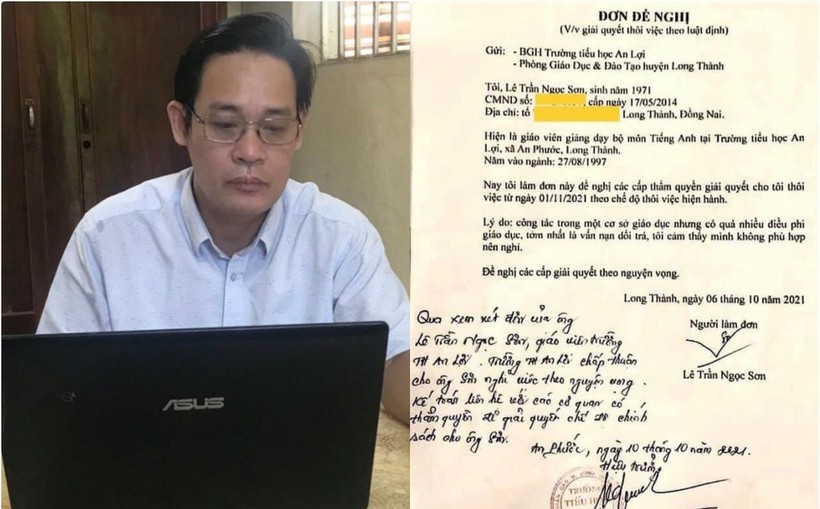 Thầy Lê Trần Ngọc Sơn và lá đơn đề nghị xin thôi việc gây xôn xao mạng xã hội. Ảnh: Internet