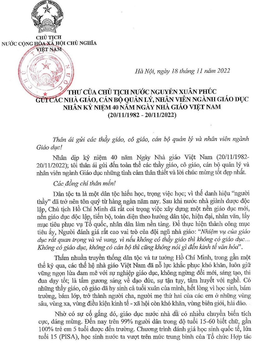 Chủ tịch nước gửi thư chúc mừng nhân dịp 40 năm ngày Nhà giáo Việt Nam ảnh 1