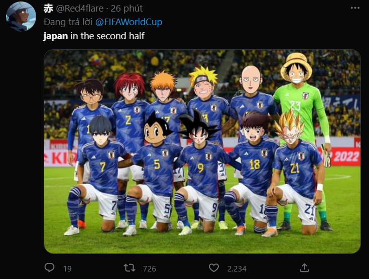 Một người hâm mộ đã chế bức ảnh đội hình ra sân của ĐT Nhật Bản ngày hôm nay chính là những nhân vật anime có sức mạnh vô song. 
