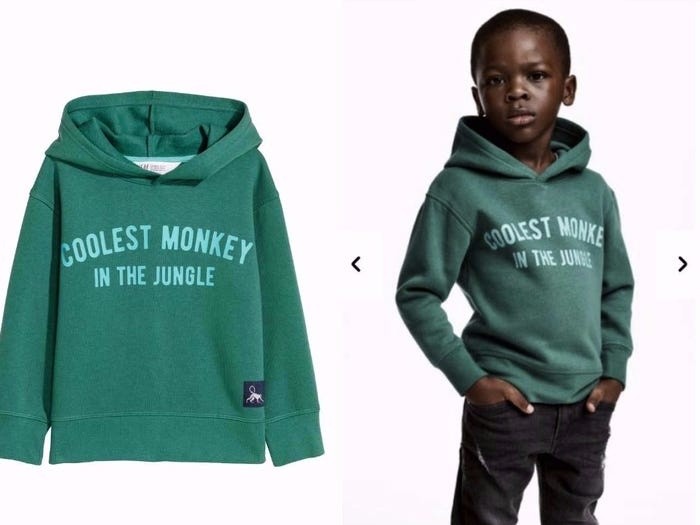 H&M đã phải xin lỗi vì đã sử dụng một đứa trẻ da đen mặc chiếc áo in chữ ‘Coolest Monkey in the Jungle’.