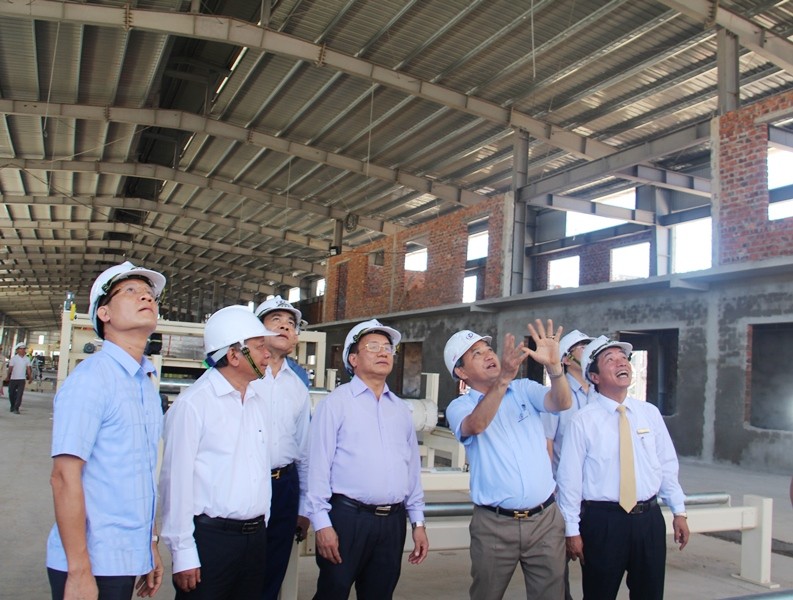 Bí thư Tỉnh ủy Lê Đình Sơn cùng lãnh đạo Sở, ban, ngành tham quan dự án gỗ ván ép tại vùng "rốn lũ" Vũ Quang.