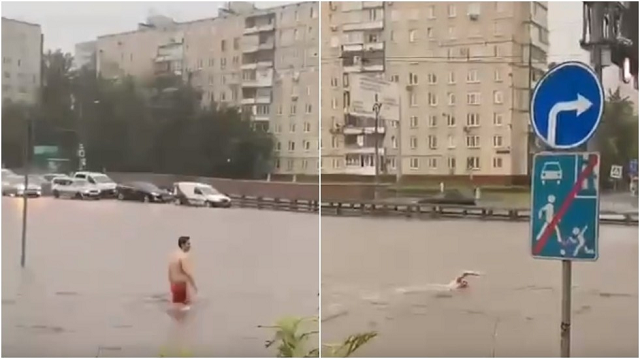 Video thanh niên Nga bơi giữa đường phố thủ đô gây chú ý