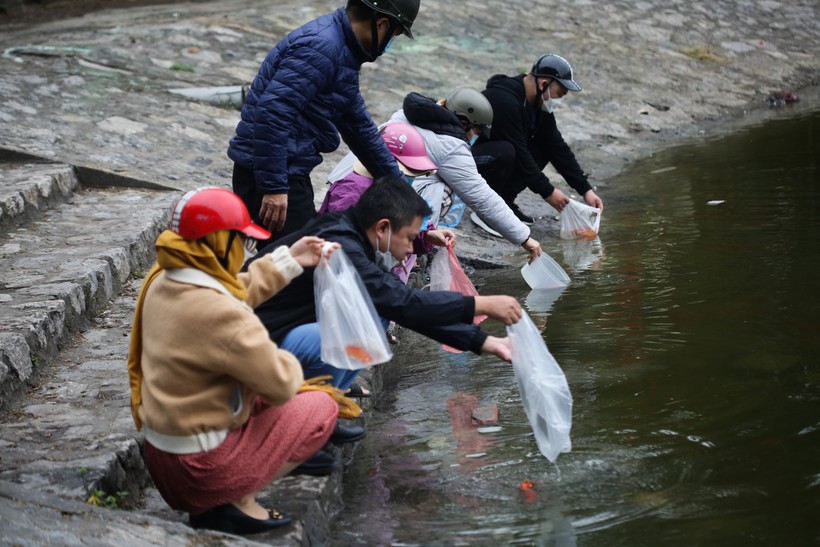 Tại khu vực hồ Hoàng Cầu nhiều người dân đã đến để thả cá ngày ông Công ông Táo.