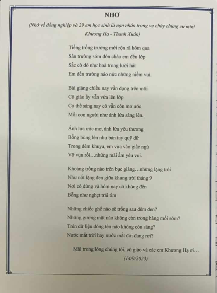Những dòng thơ của cô Nguyễn Ngọc Dung - Hiệu trưởng Trường THCS Minh Khai, huyện Hoài Đức bày tỏ nỗi niềm thương tiếc các nạn nhân là giáo viên, học sinh vụ hỏa hoạn ở chung cư phố Khương Hạ, quận Thanh Xuân ngày 12/9. ảnh 1