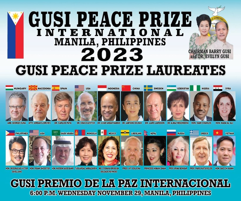 Trang web của Uỷ ban Giải thưởng Hòa bình quốc tế Gusi thông báo về việc thầy giáo Đào Chí Mạnh được nhận giải thưởng Hòa bình quốc tế năm 2023.