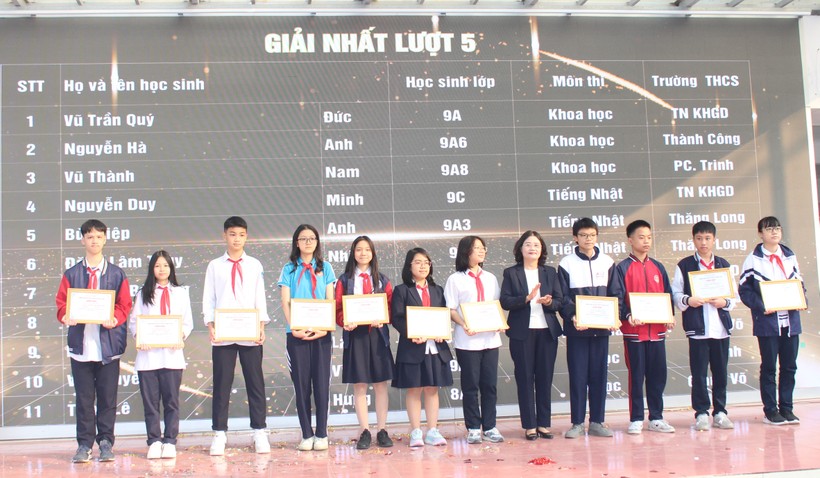 Cô Tô Thị Hải Yến - Hiệu trưởng Trường THCS Giảng Võ trao giải cho học sinh.
