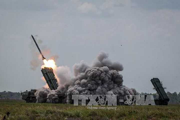 Tên lửa đất đối không BUK M2E do Nga chế tạo được sử dụng trong cuộc diễn tập. Ảnh: THX/TTXVN
