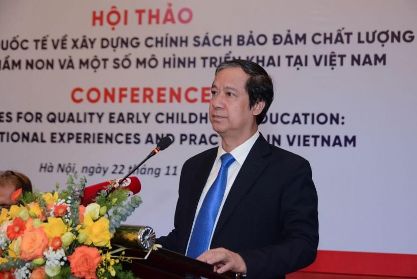 Bộ trưởng Bộ GD&ĐT Nguyễn Kim Sơn phát biểu tại Hội thảo kinh nghiệm quốc tế về xây dựng chính sách bảo đảm chất lượng giáo dục mầm non và một số mô hình triển khai tại Việt Nam. 