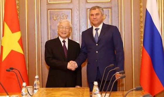 Tổng Bí thư Nguyễn Phú Trọng và Chủ tịch Duma Quốc gia Vyacheslav Volodin.
