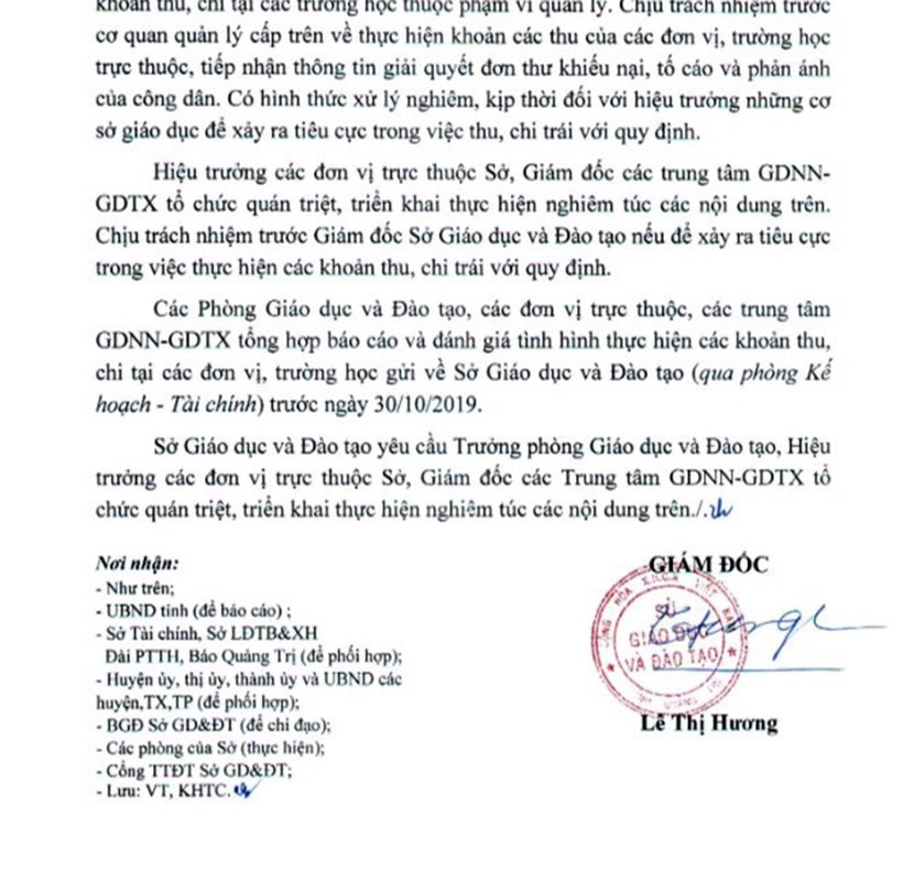 Văn bản chấn chỉnh việc tổ chức thu chi đầu năm học đối với các cơ sở giáo dục trong toàn tỉnh Quảng Trị