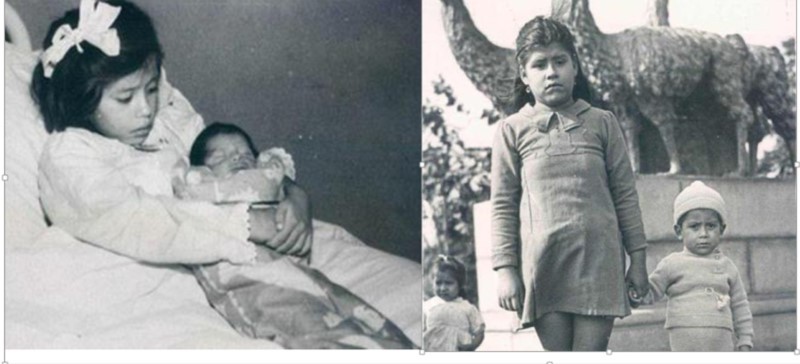 Lina Medina khi mới sinh con lúc 5 tuổi (trái) và cùng con trai khi cô 11 tuổi.