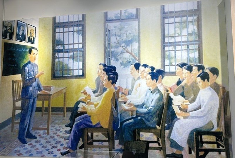 Lãnh tụ Nguyễn Ái Quốc giảng dạy tại lớp đào tạo cán bộ cách mạng Việt Nam ở Quảng Châu. Tranh của Phi Hoanh.