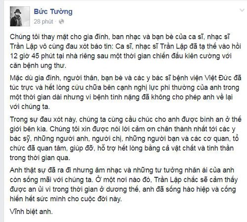 Cộng đồng mạng thương tiếc để tang ca sĩ Trần Lập