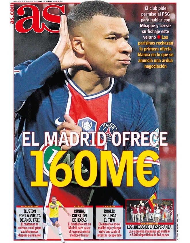 Real Madrid ra giá 160 triệu euro cho thương vụ Mbappe.