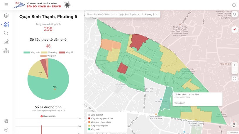 Bản đồ đánh giá mức độ dịch theo tổ dân phố trên Cổng thông tin Covid-19 TP Hồ Chí Minh. Ảnh: Huyền Mai.