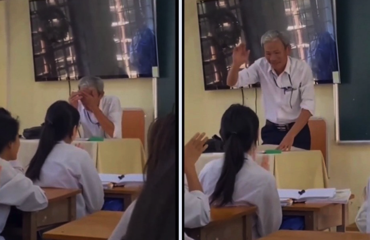 Hình ảnh thầy Văn Đức Minh xúc động lấy tay lau nước mắt khi nghe học trò hát tặng trong buổi dạy cuối cùng trước khi nghỉ hưu. Ảnh: CTV