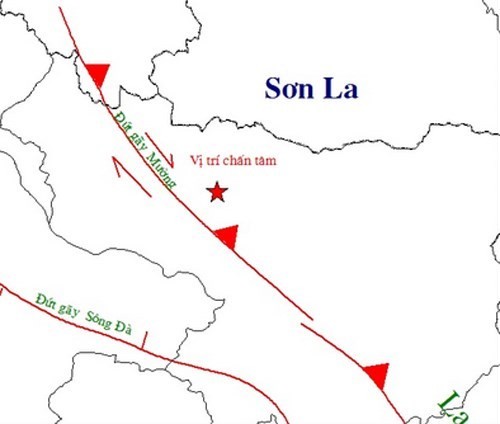 Vị trí tâm chấn động đất huyện Mường La, Sơn La lúc 19 giờ 14. Nguồn: Viện Vật lý địa cầu