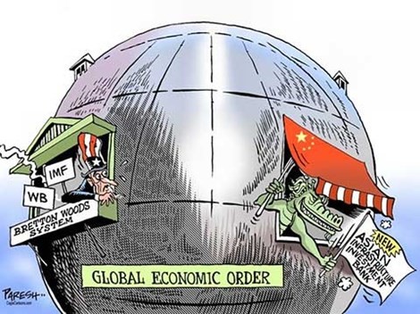Mỹ kiểm soát Ngân hàng Thế giới (WB) và Quỹ Tiền tệ Quốc tế (IMF) nên TQ lập Ngân hàng Đầu tư cơ sở hạ tầng châu Á. Biếm họa của PARESH NATH, báo The Khaleej Times (Các Tiểu vương quốc Ả Rập thống nhất).