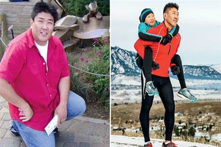 Anh Yusuke Kirimoto lúc nặng tới 122kg và hiện tại. Cuối tuần, anh thường chạy bộ cùng cô con gái 10 tuổi. Ảnh: Menshealth.