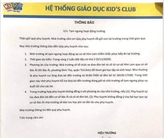 Cơ sở mầm non Kids Club (chung cư Him Lam Phú An, Quận 9) thông báo cho phụ huynh về việc tạm ngưng hoạt động
