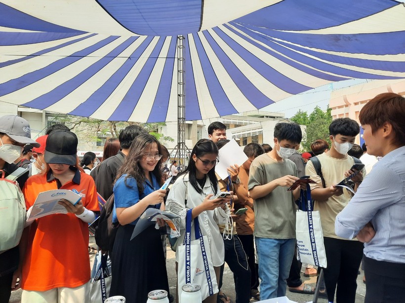 Sinh viên tìm hiểu thông tin tuyển dụng của các doanh nghiệp tại Ngày hội việc làm Trường ĐH Bách khoa, ĐH Đà Nẵng. 