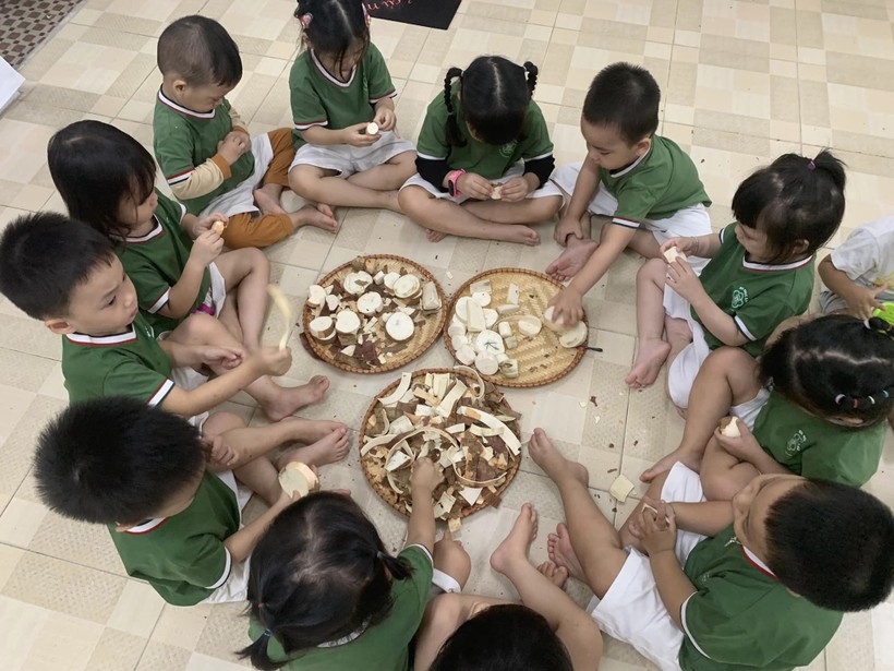 Món quà trở thành học cụ để các bé Trường Mầm non học kỹ năng bóc củ sắn, phụ giúp các cô cấp dưỡng chế biến món ăn. ảnh 12