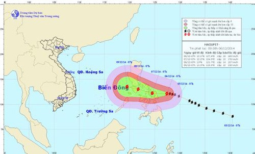 Đường đi và vị trí cơn bão Hagupit (ảnh: Trung tâm Dự báo Khí tượng Thủy văn Trung ương)
