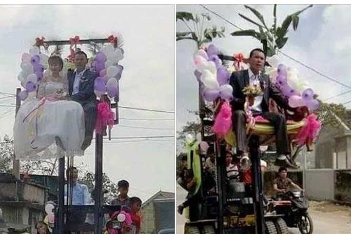Cặp đôi ở Nghệ An rước dâu bằng xe nâng cao 4m