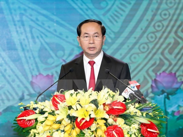 Chủ tịch nước Trần Đại Quang dự và phát biểu tại lễ kỷ niệm 70 năm Ngày Bác Hồ về thăm Thanh Hóa. Ảnh: TTXVN
