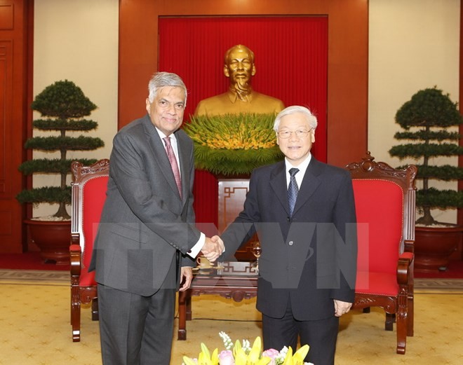 Tổng Bí thư Nguyễn Phú Trọng tiếp Thủ tướng Sri Lanka Ranil Wickremesinghe thăm chính thức Việt Nam. Ảnh: TTXVN
