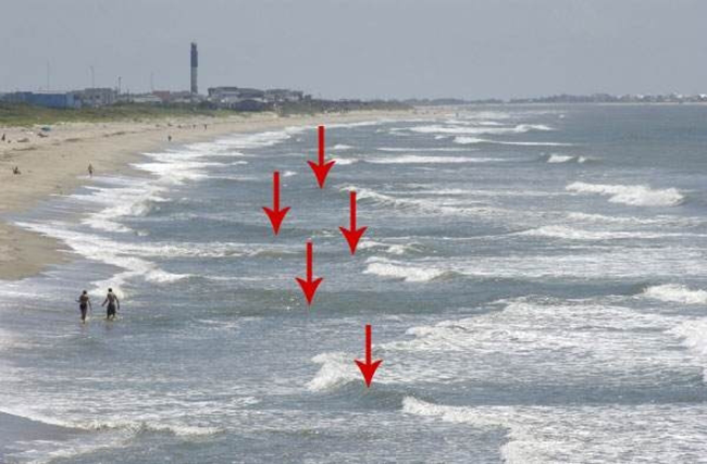 Mũi tên màu đỏ là nơi có dòng chảy xa bờ (Ảnh: safebee)