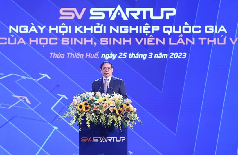 Thủ tướng Phạm Minh Chính phát biểu tại lễ khai mạc 'Ngày hội khởi nghiệp quốc gia của HS, SV thứ V’. (Ảnh: Đại Dương). 