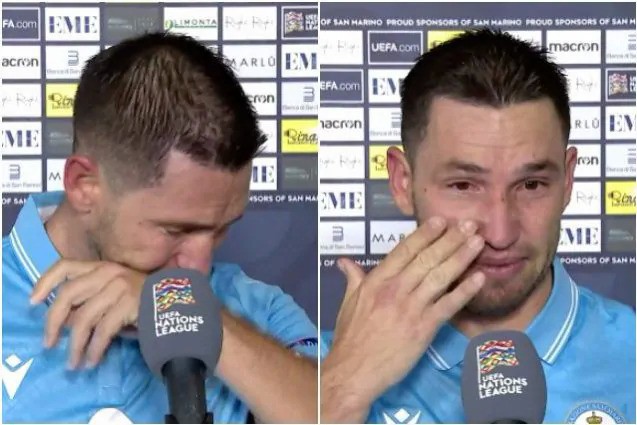 Rossi bật khóc nức nở sau khi đội nhà San Marino cầm hòa 0-0 trước Gibraltar.