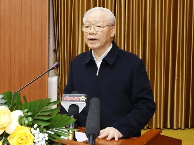 Tổng Bí thư Nguyễn Phú Trọng phát biểu kết luận Hội nghị. (Ảnh: Trí Dũng/TTXVN)
