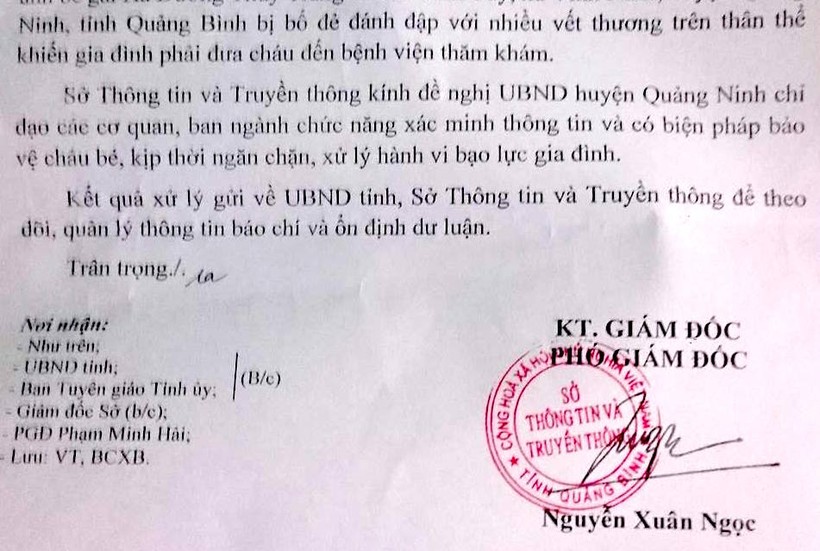 Văn bản sở Thông tin và Truyền thông đề nghị cơ quan chức năng vào cuộc bảo vệ bé Hà Dương Thùy Trang.