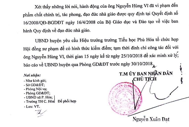 Quyết định của UBND huyện Quảng Trạch tạm đình chỉ công tác đối với nam giáo viên 