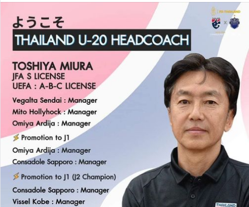 HLV Toshiya Miura được bổ nhiệm dẫn dắt U20 Thái Lan.
