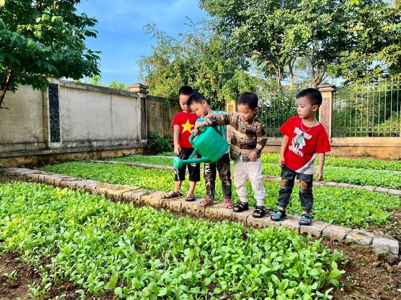 Trẻ được trải nghiệm tưới nước cho vườn rau tại Trường Mầm non Tản Lĩnh B (Ba Vì, Hà Nội). 
