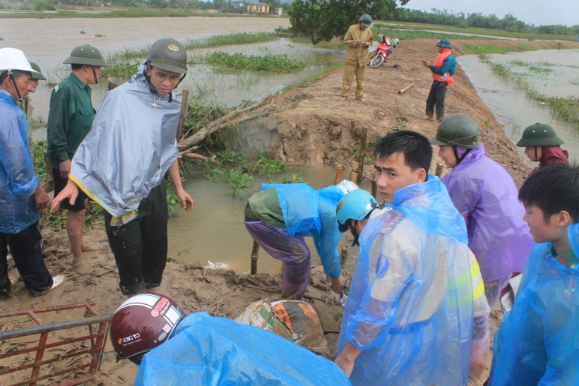 Cán bộ, nhân dân, lực lượng chức năng xã Tế Nông, huyện Nông Cống đang khắc phục sự cố vỡ đê sông Hoàng.

