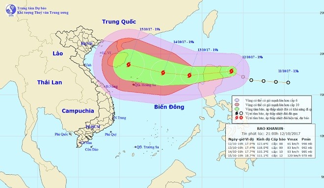 Hướng di chuyển của cơn bão mới hình thành từ áp thấp nhiệt đới gần Biển Đông. (Ảnh TTKTTV TW)