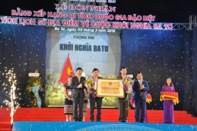 UBND tỉnh Quảng Ngãi đón nhận Bằng xếp hạng di tích quốc gia đặc biệt Di tích lịch sử Địa điểm về cuộc khởi nghĩa Ba Tơ.