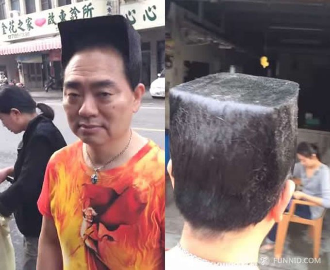 Thợ cắt tóc phải dùng 2 chai rưỡi gel tạo kiểu để tạo ra mái tóc đặc biệt này cho ông Wu. Ảnh: ETToday. 