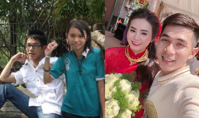 Thích thầm bạn lớp bên năm lớp 9 nhưng không dám chụp ảnh chung, sau này yêu nhau, Cẩm Linh mới tự photoshop ghép ảnh (hình trái) để có "kỷ niệm".
