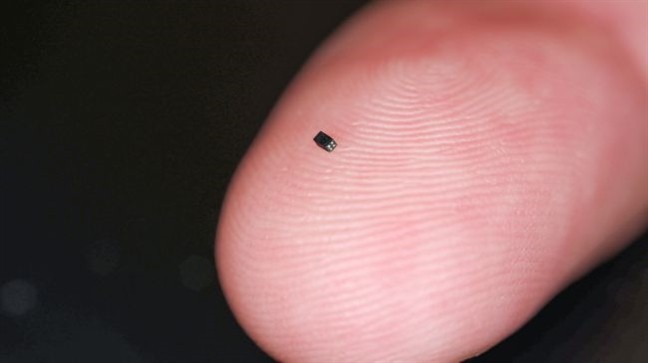 Máy quay nhỏ nhất thế giới OVM6948-RALA có kích thước bằng một hạt cát. Ảnh: OmniVision.