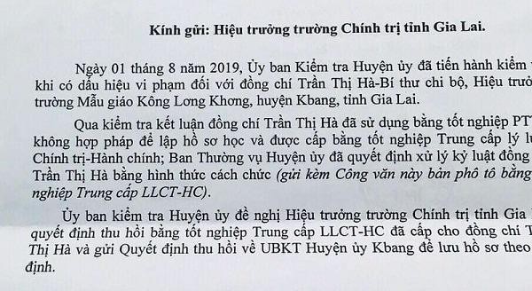Công văn đề nghị thu hồi bằng Trung cấp LLCTHC của UBKT huyện ủy Kbang


